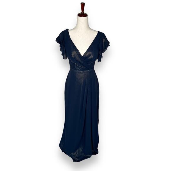 NEW Nordstrom Blue Gold Shimmer Gown Size 2 Flutter Sleeve Ruffle Metallic Dress - Picture 3 of 12